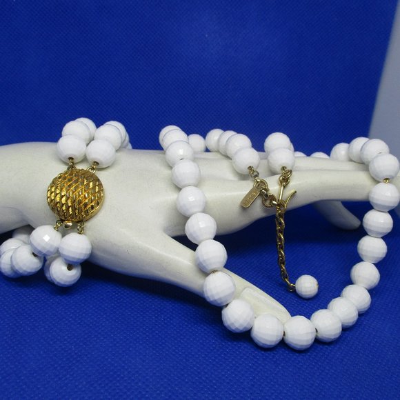MONET Strung On Gold Tone Chains Faceted Lucite White Beaded Necklace Bracelet - Picture 1 of 11